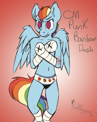 Size: 1400x1750 | Tagged: safe, artist:punk-pegasus, character:rainbow dash, clothing, cm punk, crossover, female, semi-anthro, solo, topless, wwe