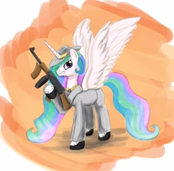 Size: 2303x2274 | Tagged: safe, artist:otakuap, character:princess celestia, species:alicorn, species:pony, clothing, female, gun, hat, high res, mob boss, solo, submachinegun, tommy gun, weapon