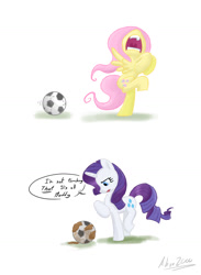 Size: 855x1166 | Tagged: safe, artist:shieltar, character:fluttershy, character:rarity, ball, dialogue, football, simple background, white background
