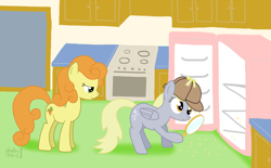 Size: 1440x895 | Tagged: safe, artist:phallen1, character:carrot top, character:derpy hooves, character:golden harvest, species:pegasus, species:pony, detective, female, i emptied your fridge, mare