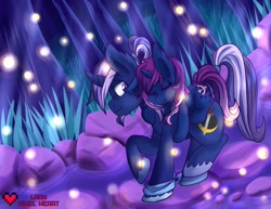 Size: 1017x786 | Tagged: safe, artist:ladypixelheart, oc, oc only, oc:azure night, oc:seline, parent:oc:azure night, parent:princess luna, parents:azuna, parents:canon x oc, azuna, carrying, father and daughter, night, offspring, piggyback ride, ponies riding ponies, sleeping
