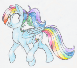 Size: 900x794 | Tagged: safe, artist:xenon, character:rainbow dash, alternate hairstyle, colored pencil drawing, ponytail, scrunchy face, traditional art