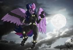 Size: 3000x2066 | Tagged: safe, artist:magical disaster, character:twilight sparkle, character:twilight sparkle (alicorn), species:alicorn, species:anthro, bodysuit, breasts, clothing, cosplay, costume, female, gantz, gun, looking at you, night, overall, pinup