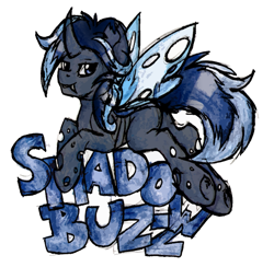 Size: 1081x1054 | Tagged: safe, artist:iroxykun, oc, oc only, oc:shadow buzz, species:changeling, species:pony, badge, blue changeling, con badge, horn, male, stallion, wings