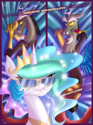 Size: 1700x2288 | Tagged: safe, artist:falleninthedark, character:discord, character:princess celestia, species:alicorn, species:draconequus, species:pony, ship:dislestia, adorasexy, body pillow, body pillow design, crown, cute, denied, discute, female, flower in mouth, glasses, jewelry, licking lips, lip bite, male, mare, regalia, rose, rose in mouth, sexy, shipping, signature, straight, stupid sexy discord, text, trollestia