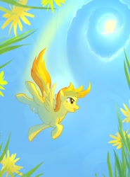 Size: 813x1100 | Tagged: safe, artist:tomatocoup, character:spitfire, species:pegasus, species:pony, bandaid, female, flower, flying, mare, perspective, solo, sun