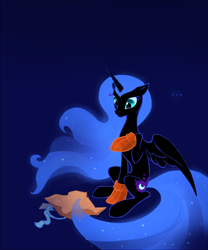 Size: 900x1084 | Tagged: safe, artist:tomatocoup, character:nightmare moon, character:princess luna, species:alicorn, species:pony, ..., clothing, crying, female, gradient background, mare, missing accessory, present, sitting, socks, solo