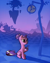 Size: 627x800 | Tagged: dead source, safe, artist:tomatocoup, character:screwball, species:earth pony, species:pony, alternate hairstyle, chaos, clock, discorded landscape, female, floating island, frown, glare, glasses, hair bun, mare, older, serious, serious face, sitting, solo, watch, wristwatch
