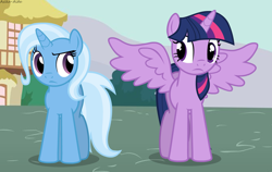 Size: 1500x950 | Tagged: safe, artist:asika-aida, artist:lonely-frostflower, character:trixie, character:twilight sparkle, character:twilight sparkle (alicorn), species:alicorn, species:pony, female, height difference, mare, size difference