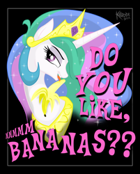 Size: 2055x2551 | Tagged: safe, artist:killryde, character:princess celestia, species:alicorn, species:pony, banana, bananalestia, do you like bananas?, female, friendship is magic bitch, high res, licking, lidded eyes, mare, solo, tongue out