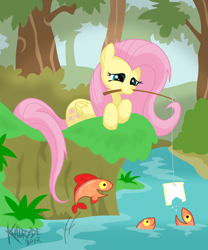 Size: 2100x2530 | Tagged: safe, artist:killryde, character:fluttershy, bread, feeding, female, fish, food, high res, mouth hold, rod, solo