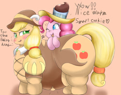 Size: 1636x1290 | Tagged: safe, artist:braffy, character:applejack, character:pinkie pie, applebutt, applefat, belly, blushing, chancellor puddinghead, fat, obese, smart cookie, the ass was fat, wardrobe malfunction, wink