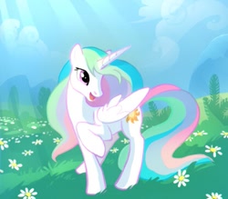 Size: 415x363 | Tagged: safe, artist:tomatocoup, character:princess celestia, species:alicorn, species:pony, female, flower, grass, happy, looking back, mare, missing accessory, raised hoof, smiling, solo