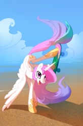 Size: 509x774 | Tagged: safe, artist:snowseed, artist:tomatocoup, character:princess celestia, species:alicorn, species:pony, beach, female, mare, skateboard, solo, teenager, younger