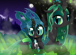 Size: 2500x1789 | Tagged: safe, artist:nimaru, character:princess celestia, character:queen chrysalis, oc, species:changeling, species:pony, bath, bathing, changeling hive, changeling queen, changeling queen oc, cloud, cocoon, cute, cutealis, duo, duo female, female, filly, mare, moon, mother and daughter, mountain, night, night sky, nymph, ocbetes, sky, stars, toy, younger