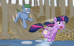 Size: 1024x637 | Tagged: safe, artist:phallen1, character:twilight sparkle, character:twilight sparkle (alicorn), oc, oc:software patch, species:alicorn, species:pony, newbie artist training grounds, bound wings, female, forest, glasses, mare, mud, running, running of the leaves, sliding, splash