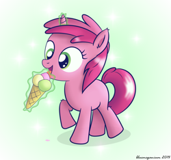 Size: 1578x1475 | Tagged: safe, artist:bluemeganium, character:ruby pinch, cute, dripping, gradient background, ice cream, ice cream cone, licking, magic, solo, telekinesis