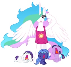 Size: 900x849 | Tagged: safe, artist:bluse, character:princess celestia, character:princess luna, character:rarity, character:twilight sparkle, species:pony, age regression, apron, babity, baby, baby pony, babylight sparkle, babysitting, clothing, crying, female, filly, headache, momlestia, show accurate, simple background, white background, woona, younger