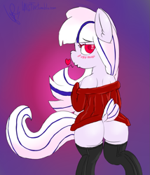 Size: 979x1146 | Tagged: safe, artist:magical disaster, oc, oc only, oc:fabulous jin, clothing, female, plot, presenting, solo, stockings, sweater, the ass was fat, wide hips