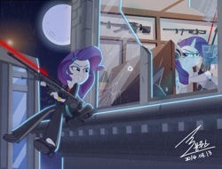 Size: 1300x987 | Tagged: safe, artist:bluse, character:rarity, species:pony, species:unicorn, my little pony:equestria girls, agent 47, assassin, badass, broken glass, broken window, cutie mark, female, glass, glasses, gun, halo (series), hitman, hooves, horn, human ponidox, laser pointer, mare, moon, night, optical sight, ponidox, rain, rifle, scar, show accurate, signature, smiling, sniper rifle, teeth, weapon, window