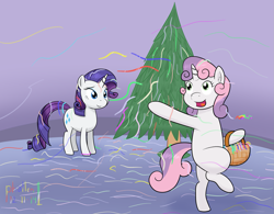 Size: 1829x1428 | Tagged: safe, artist:phallen1, character:rarity, character:sweetie belle, species:pony, newbie artist training grounds, bipedal, christmas tree, tinsel, tree