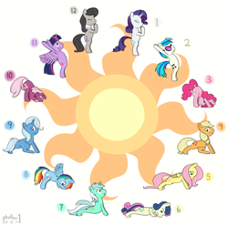 Size: 3723x3697 | Tagged: safe, artist:phallen1, character:applejack, character:bon bon, character:cheerilee, character:dj pon-3, character:fluttershy, character:lyra heartstrings, character:octavia melody, character:pinkie pie, character:rainbow dash, character:rarity, character:sweetie drops, character:trixie, character:twilight sparkle, character:twilight sparkle (alicorn), character:vinyl scratch, species:alicorn, species:pony, newbie artist training grounds, bipedal, cobra stretch, female, flexible, mane six, mare, princess celestia's cutie mark, stretching, yoga
