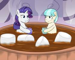 Size: 1024x824 | Tagged: safe, artist:phallen1, character:coco pommel, character:rarity, ship:marshmallow coco, bad joke, bath, female, hot chocolate, lesbian, marshmallow, missing accessory, obvious joke, pun, rarity is a marshmallow, shipping, spa