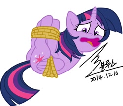 Size: 900x775 | Tagged: safe, artist:bluse, character:twilight sparkle, character:twilight sparkle (alicorn), species:alicorn, species:pony, background removed, bondage, female, hogtied, mare, rope, show accurate, signature, simple background, solo, white background
