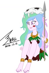 Size: 900x1343 | Tagged: safe, artist:bluse, character:princess celestia, character:principal celestia, my little pony:equestria girls, background removed, face paint, feet, female, incorrect foot anatomy, nail polish, show accurate, signature, simple background, skull, solo, spear, toenail polish, toes, tribal, white background