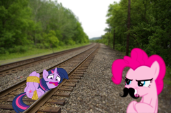 Size: 1024x681 | Tagged: safe, artist:bluse, edit, character:pinkie pie, character:twilight sparkle, character:twilight sparkle (alicorn), species:alicorn, species:earth pony, species:pony, bondage, damsel in distress, dastardly whiplash, female, hogtied, irl, mare, moustache, peril, photo, ponies in real life, rope, tied to tracks, tied up, train tracks