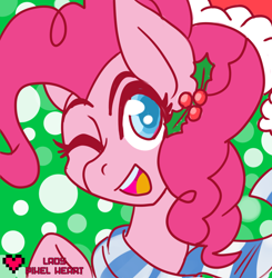 Size: 1280x1305 | Tagged: safe, artist:ladypixelheart, part of a set, character:pinkie pie, christmas, clothing, female, hat, holly, icon, santa hat, scarf, solo