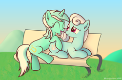 Size: 1379x903 | Tagged: safe, artist:bluemeganium, character:linky, character:lyra heartstrings, character:shoeshine, species:earth pony, species:pony, species:unicorn, g4, bedroom eyes, bench, cuddling, cute, cutie mark, duo, excited, eyes closed, female, fluffy, happy, horseshoes, laughing, lesbian, lidded eyes, linkybetes, lying down, lyrabetes, lyrashine, lyre, musical instrument, open mouth, prone, shipping, signature, sitting, sitting lyra, smiling, snuggling, three quarter view