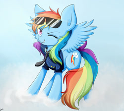 Size: 1300x1165 | Tagged: safe, artist:riouku, character:rainbow dash, species:pony, clothing, cloud, cute, female, light, mare, messy mane, necktie, solo, sunglasses, uniform, wink