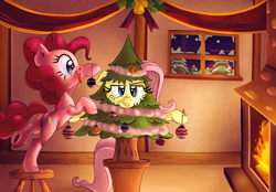 Size: 2708x1889 | Tagged: safe, artist:discorded, character:fluttershy, character:pinkie pie, ship:flutterpie, balancing, bauble, christmas, christmas tree, decorating, decoration, female, fire, fluttertree, lesbian, shipping, stool, tongue out, tree, tree costume, unamused, underhoof, wat