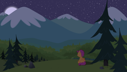 Size: 3840x2160 | Tagged: safe, artist:boneswolbach, character:scootaloo, species:pegasus, species:pony, female, filly, forest, full moon, high res, moon, mountain, night, rear view, sitting, solo, stars, tree, vector, wallpaper