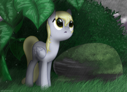 Size: 1500x1080 | Tagged: safe, artist:nimaru, character:derpy hooves, species:pegasus, species:pony, cloud, cloudy, female, grass, green, leaves, moss, rain, rock, sky, solo, wet mane