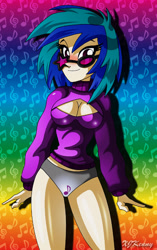 Size: 550x875 | Tagged: safe, artist:xjkenny, character:dj pon-3, character:vinyl scratch, species:human, blushing, breasts, busty vinyl scratch, cleavage, clothing, female, humanized, keyhole turtleneck, looking at you, open-chest sweater, panties, solo, sweater, turtleneck, underwear