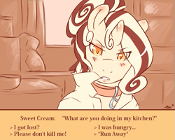 Size: 875x700 | Tagged: safe, artist:mlpfwb, oc, oc only, oc:sweet cream, species:pony, species:unicorn, dating sim, dialogue box, female, mare, offscreen character, solo, text