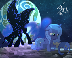 Size: 1100x890 | Tagged: safe, artist:bluse, character:nightmare moon, character:princess luna, chained, female, filly, floppy ears, helmet, mare in the moon, moon, sad, show accurate, woona