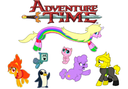 Size: 1204x838 | Tagged: safe, artist:starryoak, species:pony, species:unicorn, adventure time, bmo, flame princess, gunter (adventure time), kitten, lady rainicorn, lemongrab, lumpy space princess, ponified, simple background, transparent background