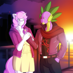 Size: 792x792 | Tagged: safe, artist:marik azemus34, character:spike, character:sweetie belle, species:anthro, ship:spikebelle, city, clothing, dress, female, holding hands, leather, love, male, manehattan, marriage, ring, shipping, straight, sundress, sunset