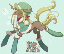 Size: 938x799 | Tagged: safe, artist:rikose, character:queen chrysalis, species:changeling, blushing, changeling queen, clothing, cute, cutealis, dialogue, fangs, female, hat, horn, open mouth, prancing, scarf, simple background, smiling, snow, snowfall, socks, speech bubble, trio, winter outfit