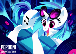 Size: 1036x732 | Tagged: safe, artist:pepooni, character:dj pon-3, character:vinyl scratch, species:pony, species:unicorn, cute, cutie mark, dance floor, female, hooves, horn, mare, open mouth, record, solo, sunglasses, text, vinylbetes