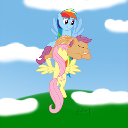 Size: 1080x1080 | Tagged: safe, artist:phallen1, character:fluttershy, character:rainbow dash, character:scootaloo, species:pegasus, species:pony
