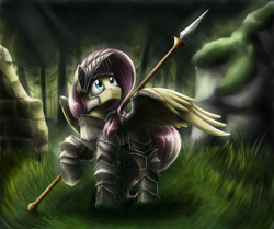 Size: 5178x4324 | Tagged: safe, artist:otakuap, character:fluttershy, absurd resolution, armor, badass, badass adorable, cute, fantasy class, female, flutterbadass, forest, grass, knight, looking up, raised hoof, remake, solo, spear, spread wings, visor, warrior, weapon, wings