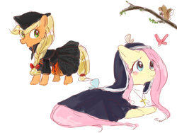 Size: 1200x900 | Tagged: safe, artist:weiliy, character:applejack, character:fluttershy, species:pony, blush sticker, blushing, butterfly, clothing, cute, dress, eye clipping through hair, flutternun, habit, hat, jackabetes, nun, pixiv, shyabetes, simple background, smiling, squirrel, white background