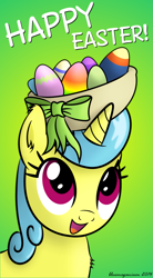 Size: 829x1505 | Tagged: safe, artist:bluemeganium, character:lemon hearts, cute, easter, easter egg, egg, fluffy, gradient background, happy, head carry, lemonbetes, signature, smiling