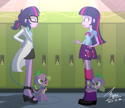 Size: 3376x2904 | Tagged: safe, artist:bluse, character:spike, character:spike (dog), character:twilight sparkle, character:twilight sparkle (alicorn), character:twilight sparkle (scitwi), species:alicorn, species:dog, species:eqg human, equestria girls:rainbow rocks, g4, my little pony: equestria girls, my little pony:equestria girls, boots, clothing, collar, doggy dragondox, duality, feet, female, glare, glasses, hand on hip, high heels, high res, hilarious in hindsight, leash, lockers, looking at each other, open mouth, ponidox, self paradog, self paradox, self ponidox, shirt, shoes, show accurate, signature, skirt, spike the dog, toes, twolight