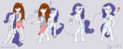 Size: 4955x1990 | Tagged: safe, artist:skyspeardraw, character:rarity, species:anthro, species:human, species:pony, blue eyes, brown hair, clothing, colored skin, costume, digital art, female, gray background, human female, human to anthro, light skin, mare, mc, mind control, ponysuit, purple hair, purple mane, purple tail, shirt, simple background, skirt, transformation, white skin