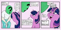 Size: 1276x643 | Tagged: safe, artist:trickydick, edit, character:twilight sparkle, oc, oc:anon, species:human, species:pony, episode:slice of life, g4, my little pony: friendship is magic, behaving like a dog, comic, cute, dialogue, happy, open mouth, overanalyzing, parody, philosophy, smiling, starry eyes, thought bubble, three panel soul, who's a good pony, wingless edit
